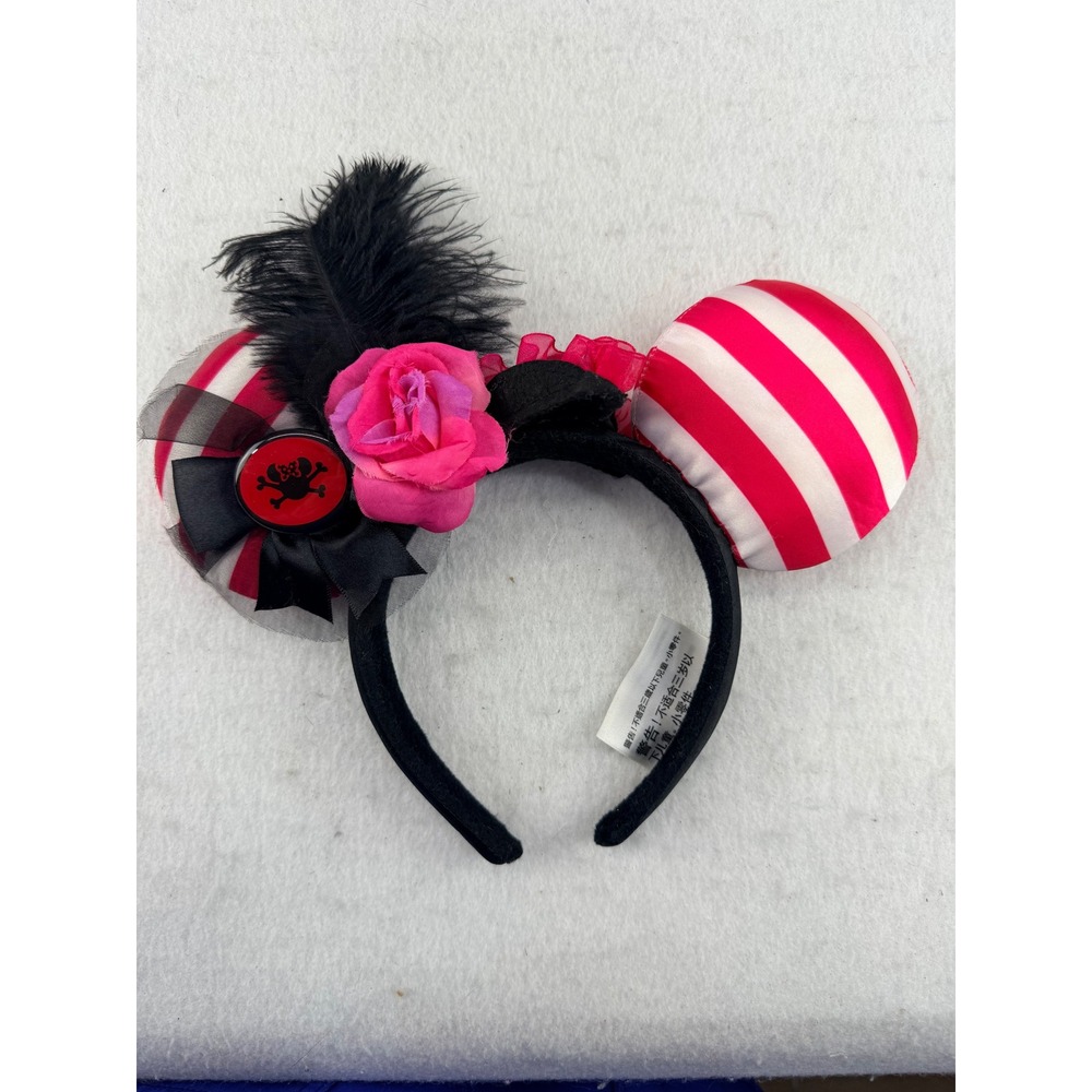 Disney Parks Minnie Mouse Pirate Ears Headband Pink Stripe Feather Rose